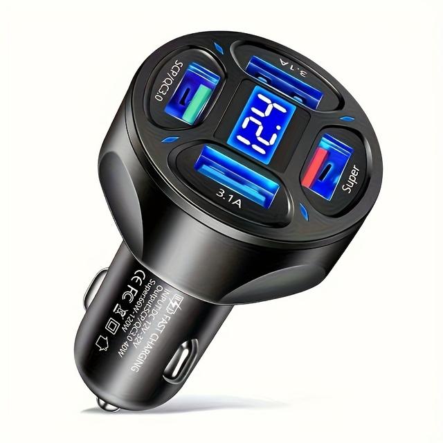 TEMU 2026 Model 120w Car Charger With 4 Usb Ports, Digital Display, And Fast Charging Technology - Perfect For Charging Multiple Devices Simultaneously On The Go!