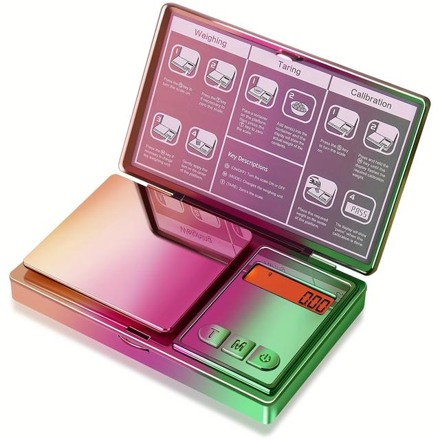 TEMU 1pc Colorful Digital Weighing Scale, 0.01g Rainbow Pocket Scale, Rainbow Chrome Plated, 6pcs Small 0.01g Precision, Weight Function Suitable For, Jewelry, Herbs, Powders, , Travel