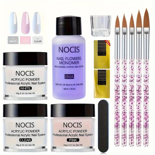 TEMU 5pcs Nail Kit - Complete Set For Nail Extension, Carving, Manicure, French Fake Nails Tips Art With Acrylic Powder, Liquid Monomer, And Nail Brush For Salon Or Home Use Gift For S