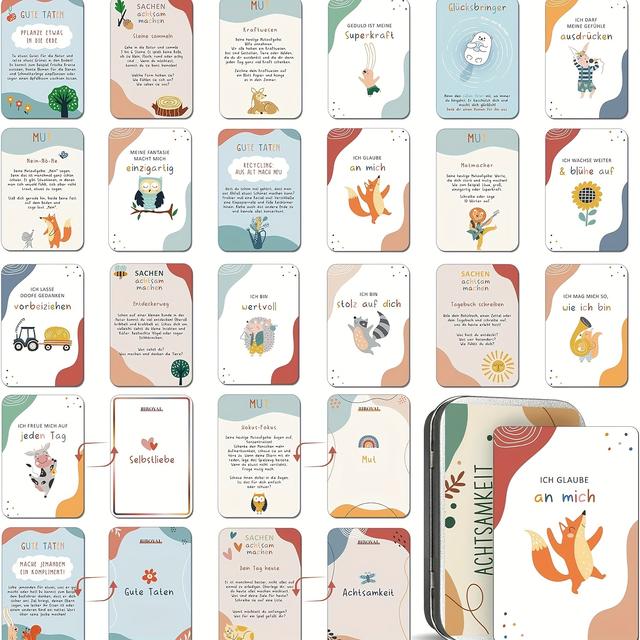 TEMU BIROYAL 40 Affirmationskarten für Kinder, inklusive Achtsamkeitskarten für Kinder mit Metallbox, Motivationskarten für Gefühle, Selbstliebe, Mut Dankbarkeit, Geschenke zur Einschulung