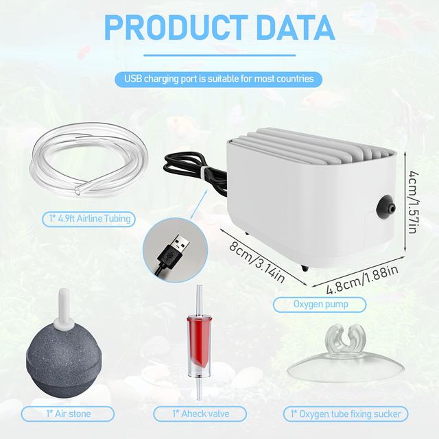 TEMU USB-Wasserstoffpumpe für Aquarien mit Luftstein – Leiser Luftstein-Diffusor, USB-Anschluss für Niederspannungs-Sauerstoffversorgung, geeignet für Innen-/Außen-Aquarien (0 Gallonen)