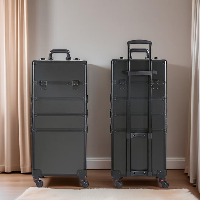 TEMU 4-in-1 Professioneller Make-up Rollkoffer, Aluminium Make-up Koffer, Übergroßer Trolley für Make-up Reiseaufbewahrung, mit 360° Drehrollen, Vollschwarz