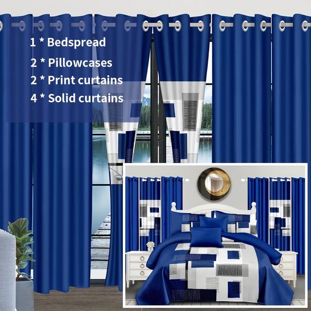 TEMU This Is A 9pcs Bedding Collection That Features A Bedsheet, 2 Pillowcases, 2 Printed Curtains, And 4 Solid Color Curtains. In Queen, King, And Cal King Sizes