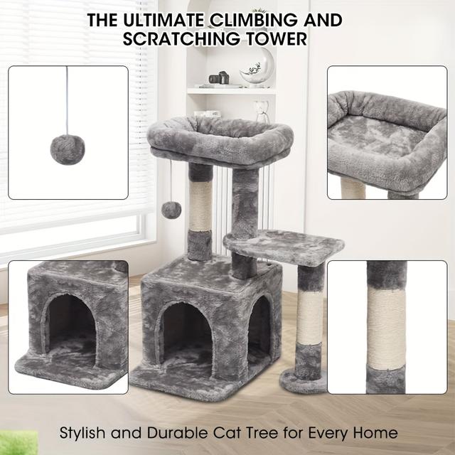 TEMU Tour pour chat grise à plusieurs niveaux avec lit, perchoir, jouets et griffoir, pour les chatons et adultes