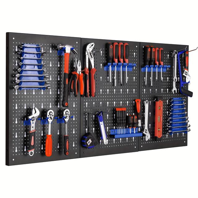 TEMU Pegboard Tool Rack, Metal Tool Rack Wall, 3 Pieces, Perforated Wall With 17 Pieces Hooks And Brackets For Garage Workshop, 117 X 55 X 2 Cm (blue)