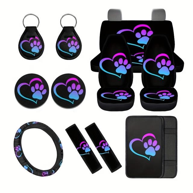 TEMU Car Seat Covers Dog Paw Seat Cover For Front &rear,with Dog Paw Coasters,2pcs Seatbelt Pad,15 Inch Steering Wheel Covers,keychains Fit Most Vehicles
