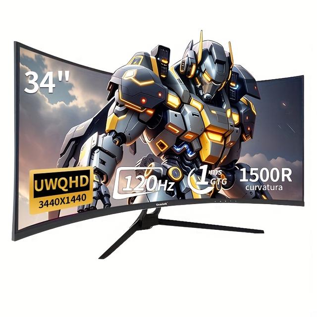 TEMU Gawfolk Monitor 34-inch Uwqhd 3440x1440p, 1500r Ultra-wide Pc Screen 120hz, Curved Computer Screen, Va Screen Panel, Displayport+hdtv, Vesa 75 * 75mm