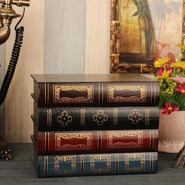 TEMU Vintage Wooden Storage Box With Ornate Book Design - Lidded, Decorative Office Desk Organizer For Books & Small Items, In