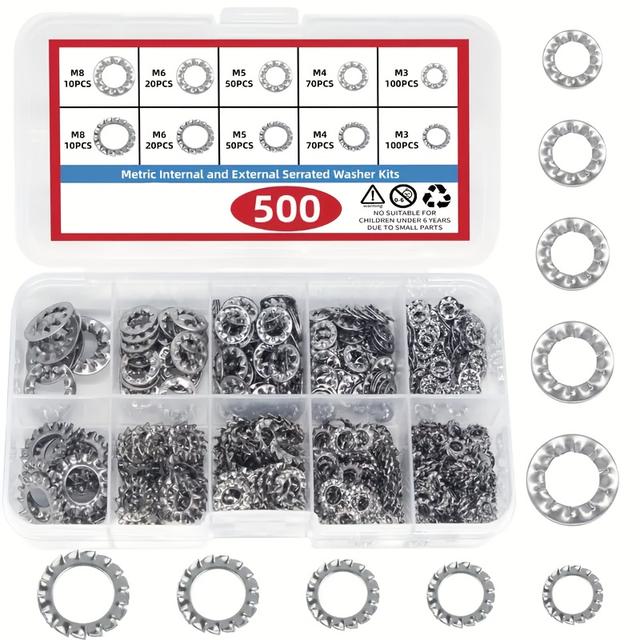 TEMU Sada 500 ks nerezových podložek s hvězdicovým zámkem, 304 nerezová ocel, vnější a vnitřní závit, 5 velikostí M3 M4 M5 M6 M8