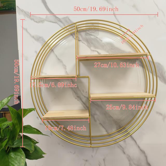 TEMU Étagère Murale Ronde en Métal et Bois - Décorative, , pour Maison de , Villa, Cour, Chambre, Salon, Bureau - Vert, Blanc, Doré, Noir - 19,69 * 19,69 Pouces