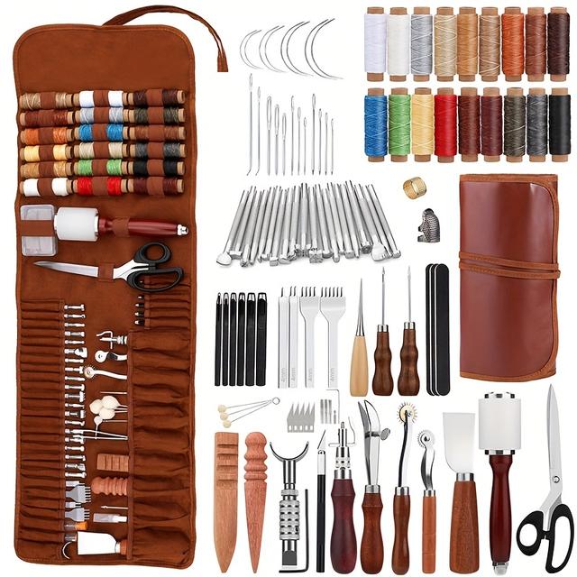 TEMU Leder-Arbeitset - Handwerkszeuge mit Aufbewahrungstaschen - Lederhandwerk - Leder-Arbeitset - Lederhandwerkszeuge und Schnitzerei, Stanzung, Nähen, Stempelzubehör