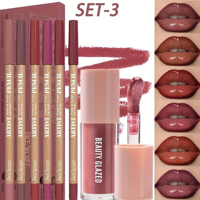 TEMU 7pcs/set, Moisturizing Glossy Lip Glaze + 6pcs Lip Liner Set, Matte, Waterproof And Long-lasting, No Smudge, Moisturizes Lips, , Create A Perfect Lip Makeup