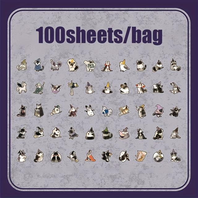 TEMU 100 Sheets Iron Box Stickers - Magic Designs, Self-adhesive Decals For Journals, Planners, Crafts - Whimsical Cat, Rabbit, Owl & Starry Night , Cute Stickers