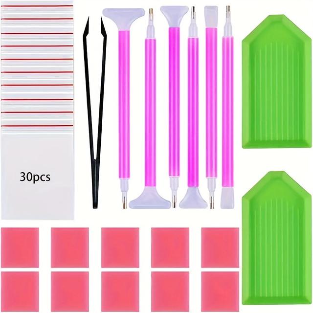 TEMU 49pcs Diy Diamond Painting Tool Kit Diy 5d Diamond Painting Includes Diamond Dot Drill Pen, Tweezers, 10pcs Of Glue, Plastic Tray, 30 Bags Diy Art Crafts
