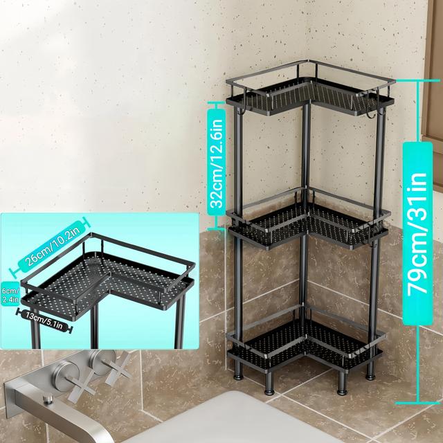 TEMU 3rd/4th Tier Bathroom Shower Rack, Kitchen Bathroom Storage Rack, Anti-rust, Basket Rack, Shampoo Storage Rack Bracket, Bathroom Large Capacity Storage Piece With 4 Hooks To Hang , Standing Shelf