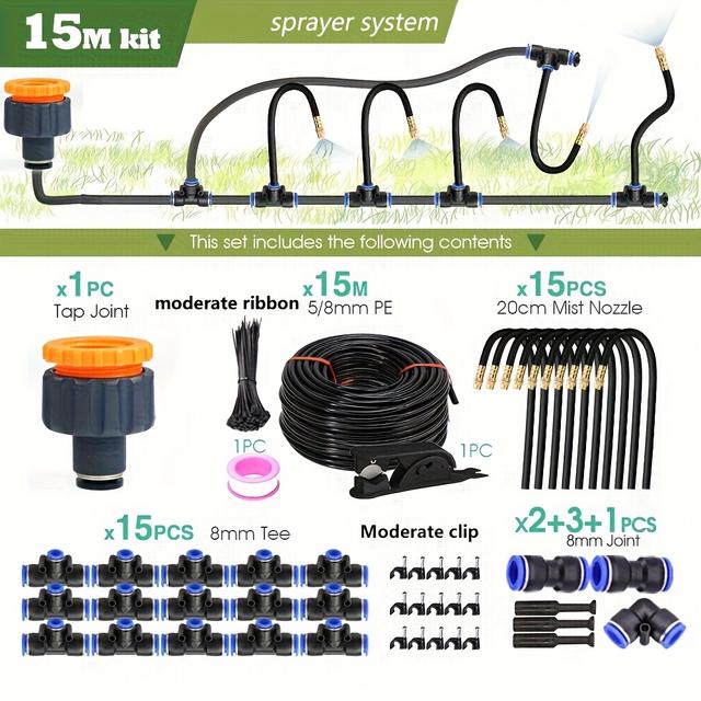 TEMU 15M-10M DIY Flexible Spray Kit mit 8mm Schlauch für Gartennebelbewässerung, universelle Verbindungsstifte für Europa und Amerika