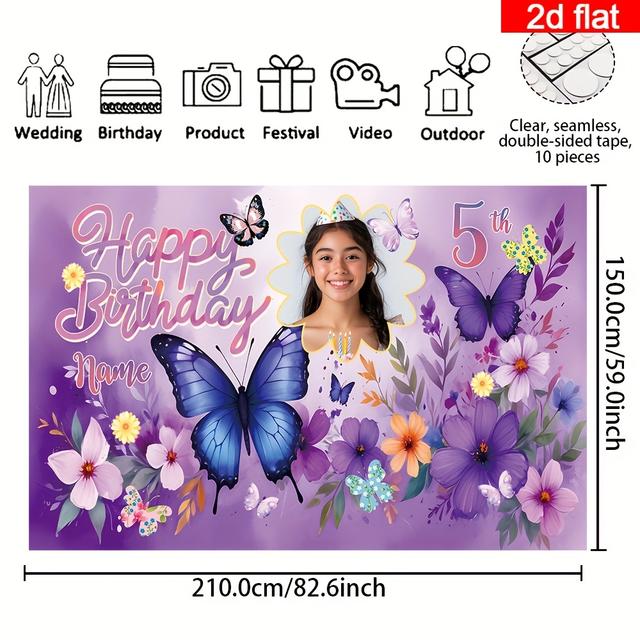 TEMU 2d Flat Banner, 1pc Personalized Photo Birthday Banner With Name And Age, Floral And Purple Design, Suitable For Cake Table Photography Background, Ideal Decorative Gift For Family, , Girlfriend