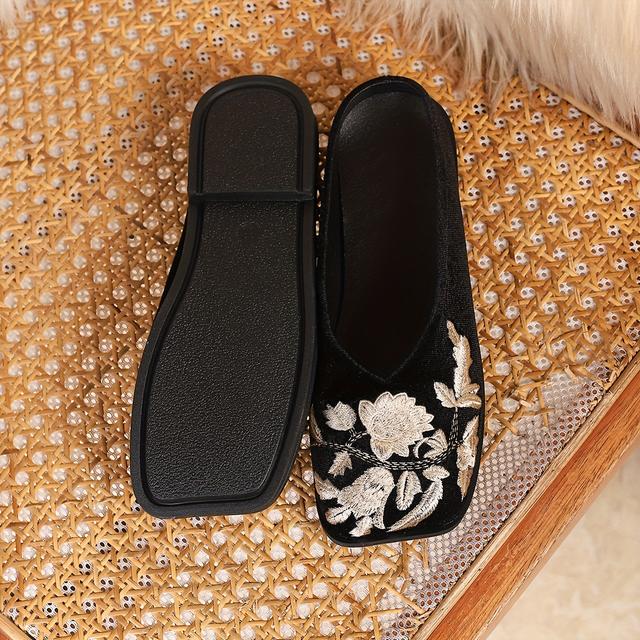 TEMU أزياء أنيقة من الفلانيل المزينة بالزهور للنساء - تصميم أسود وردي أنيق، أصابع مربعة، غطاء من البولي يوريثان مريح، مثالي لجميع ، أحذية لجميع | حذاء مريح | حذاء مريح، حذاء لطيف