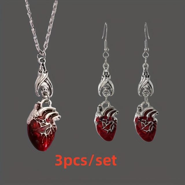 TEMU 3pcs/set Gothic Style Heart Organ Bat Pendant Necklace Earrings Set, Retro Blood Drop Bat Heart Jewelry For Spooky Season Festival, Creepy Jewelry Gifts