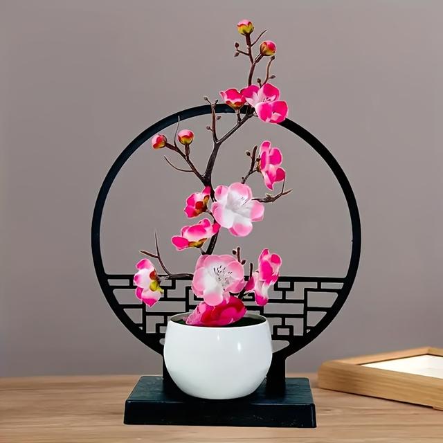 TEMU Sophisticated Bonsai Arrangement Of Artificial Plum Blossoms With A Decorative Screen Base - Ideal For Enhancing Home And Office Aesthetics, With A Pot.