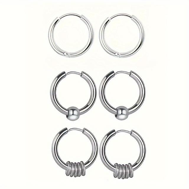 TEMU 3pairs Stainless Steel Ball Decor Hoop Earrings For Men, Hip Hop Hoop Earrings For Men