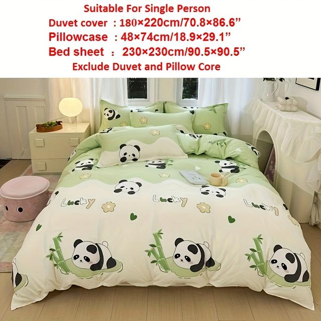 TEMU 4피스 침구 세트, 더블 및 퀸 사이즈 침대에 완벽한 카툰 판다 프린트 부드럽고 따뜻한 침구, 이불 커버 1개, 베개 커버 2개, 침대 시트 1개, 이불 및 베개 코어 미포함