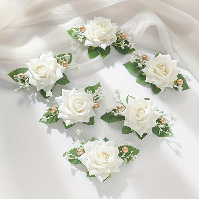 TEMU Boho Bridal Corsage Set Of 6, Rose Boutonnieres With And Foliage, Rustic Wedding Embellishments, Bridesmaids, Groomsmen, , Parties, And Anniversary Celebrations