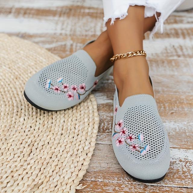 TEMU Zapatos Planos Casuales para Mujer - Tejido Transpirable, Ligeros y Cómodos con Bordado Floral, Diseño Redonda para Todas , , Gris