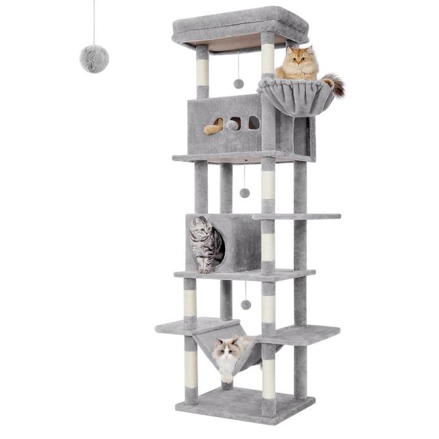 TEMU Large Cat Tree, 210cm High, With 8 Scratching Posts, 2 Cat Condos, Large Platform, Washable Cushions, Hammock, Plush Ball, Multi-level Cat Tree, Light Gray/dark Gray/beige/cream White