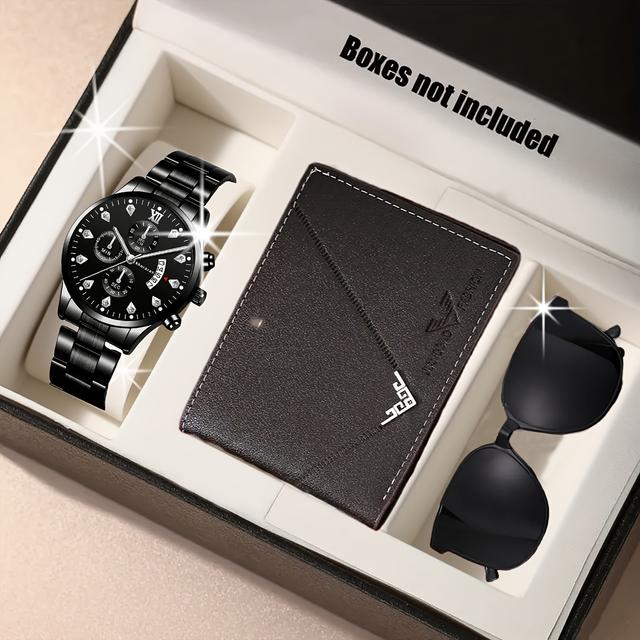 TEMU A Set Of 3 Luxury Business Watches For Men, With A Multifunctional Wallet And Stylish Glasses, Enhances A Man's Charm, Making It A Romantic Gift Suitable For A Lover, Father, Or Family