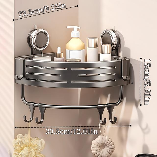 TEMU 1 étagère de douche à ventouse avec crochets - perçage, adhésif/vis - Étagère murale triangulaire de place, en aluminium robuste, pour la douche, et de