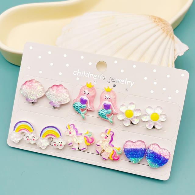 TEMU Set de 12 Aretes con Clip de Concha de para Niñas, Adorables Joyas de Resina de Dibujos Animados para Uso