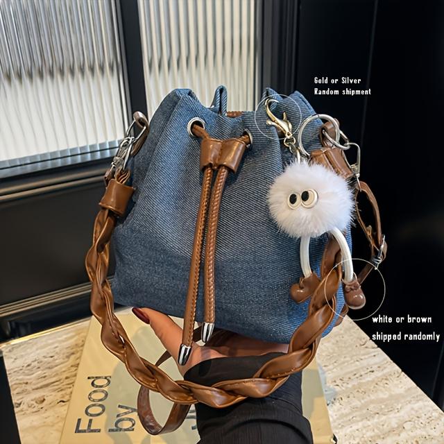 TEMU Small Size Vintage Style Woven Handbag Blue Bucket Plush Pendant Small Drawstring Design Shoulder Body Bag