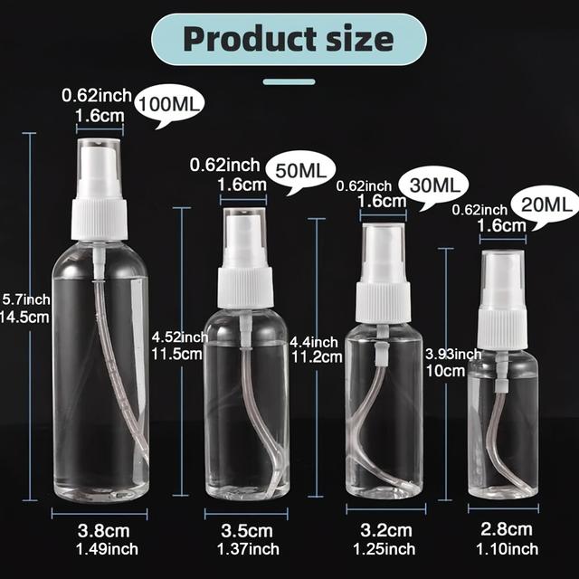 TEMU 60pcs 20/30/50/100ml Portable Mini Spray Bottles, Clear Empty Fine Mist Plastic Travel Refillable Cosmetic Spray Bottles Set, Small Refillable Liquid Containers