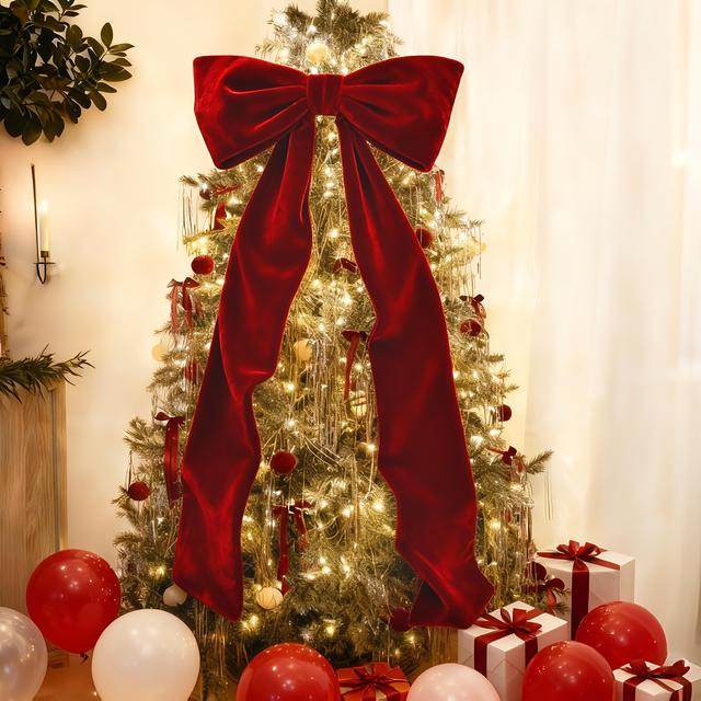 TEMU Spring Festival Decorations - Spring Festival Decor - 6ft Giant Bows For Christmas Tree - Big Red Velvet Bow For Tree Topper Window Wall Mantle - Indoor Party Valentines Decoration