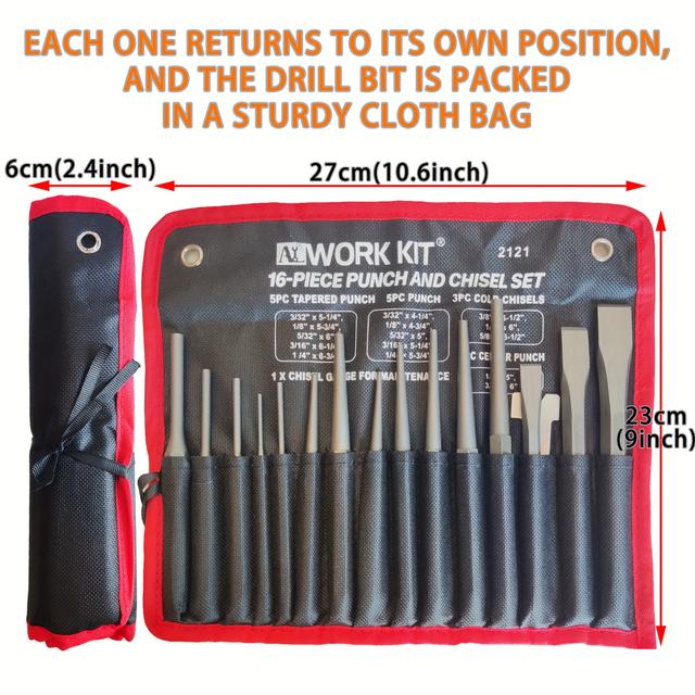 TEMU A 16pcs Set Of Punches And Chisels, Including Tapered Punches, Cold Chisels, Pin Punches, And Center Punches, Made From Chromium-vanadium Steel. A Great Gift