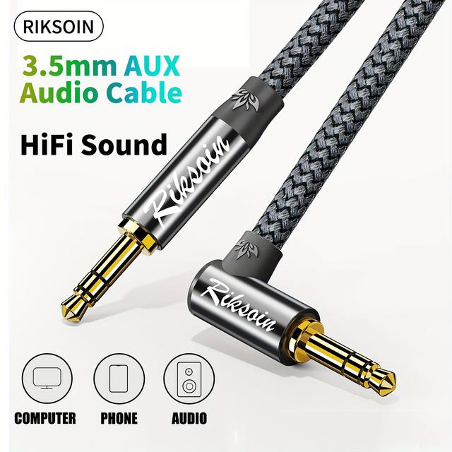 TEMU Riksoin Aux Cable 3.5mm Trs Male To Male 90 Degree Right Nylon Braided Cable For Headphones, Tablets, Speakers, Cars, Home