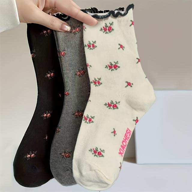 TEMU 3팩 멀티사이즈 빈티지 리본 프릴 플로럴 여성 양말, 프릴 미드컬프 여성 양말, 편안하고 다용도, 트렌디하고 패셔너블