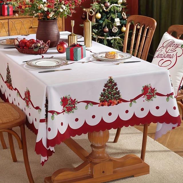 TEMU Toalha de Mesa Natal - Estampas de Flores Vermelhas e Árvores Festivas, Poliéster, Decoração Retangular para Jantar de Férias