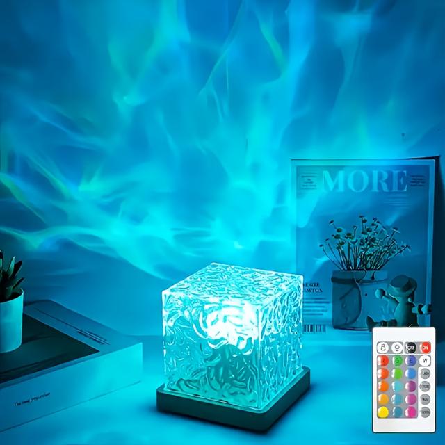 TEMU 16-Kleuren Watergolf USB Nachtlamp - Touch & Afstandsbediening, Automatische Rotatie, Vlam Effect, Sterrenhemel Projectie - Perfect Romantisch Cadeau voor Kerst en Feestdecoraties
