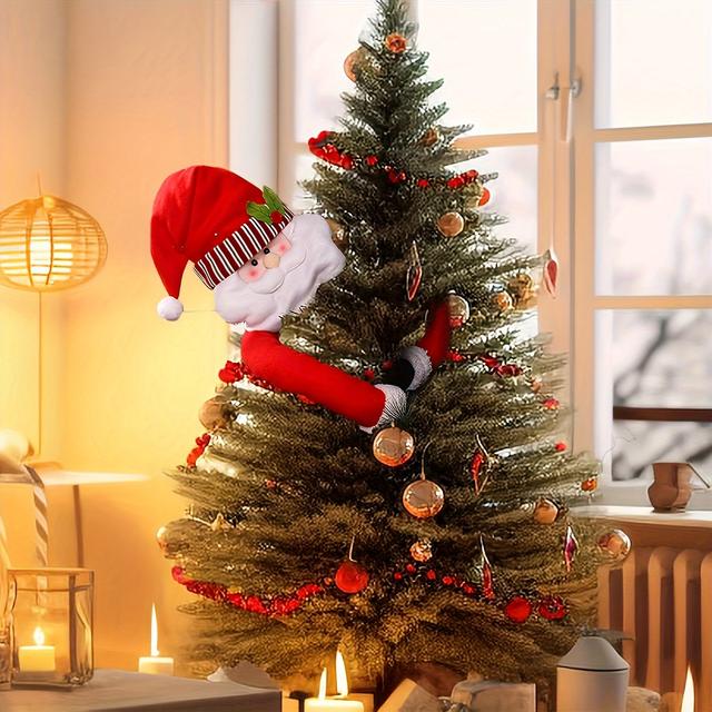 TEMU Abrazador de Árbol de Navidad Vintage de Santa y - Decoración Festiva de Tela de Poliéster, Perfecto para el Hogar y Fiestas
