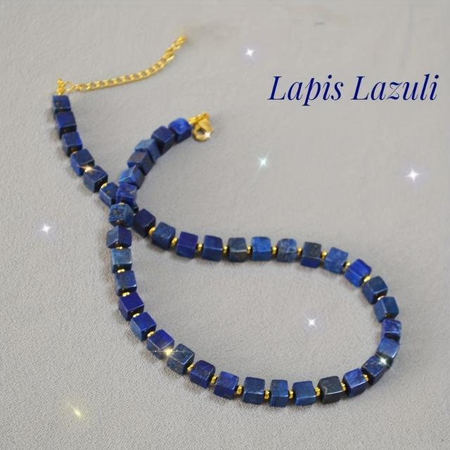 TEMU Unique Square Lapis Necklace For Women - December Birthstone Gift, Luxury Blue Beaded Choker, Minimalist Geometric Jewelry, Handmade Dainty Layering Chain