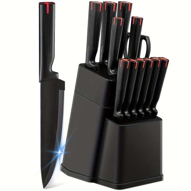 TEMU Knife Block Set 13pcs Black Knife Set With -in Sharpener High Carbon Stainless Steel Kitchen Knife Set, Anti-slip And Soft Handle