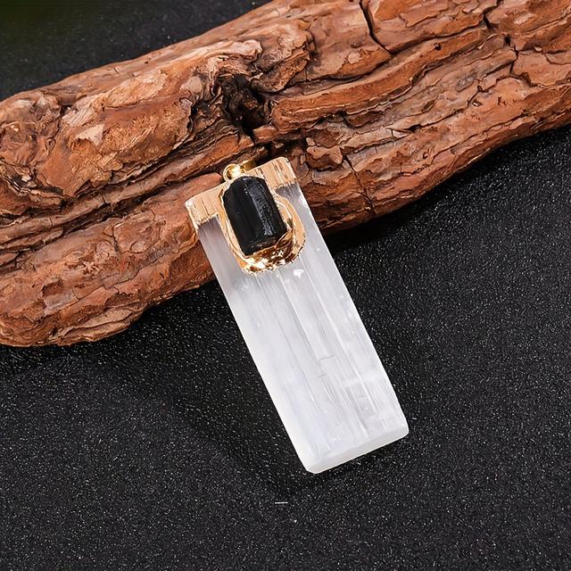 TEMU Single Natural Selenite Pendant Made Of White Gypsum With Black Stone Necklace, Crystal Quartz Gemstone For Jewelry Gifts For Men And Women Decoration