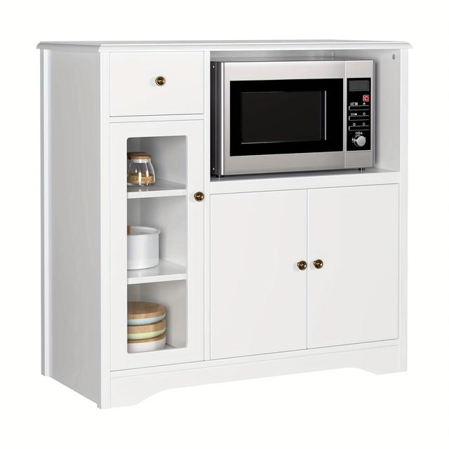 TEMU Kealive Kitchen Storage Cabinet Sideboard Featuring A Microwave Stand, Adjustable Shelves, And Doors Suitable For The Kitchen, Dining Room, Or Living Room, In White, Measuring 90 X 40 X 82 Cm