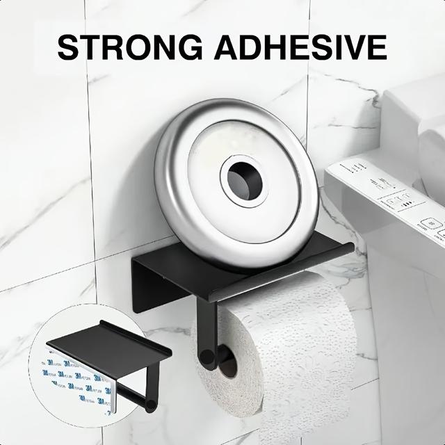 TEMU Stainless Steel Toilet Paper Holder With Phone Shelf, Wall-mounted Rust-proof Bathroom Storage Rack, No Drilling Required, Paint End Is Water-resistant,