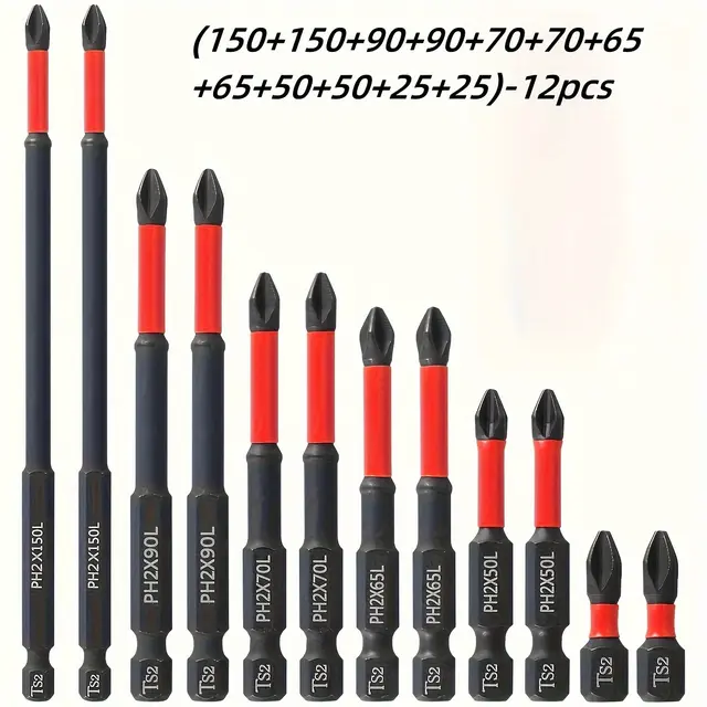 TEMU Sada 12 magnetických bitů pro šroubovák S2 ocel 1/4 palce, bity pro elektrický šroubovák, křížové bity, rázové bity, bity pro ruční šroubovák, protiskluzové vrtáky