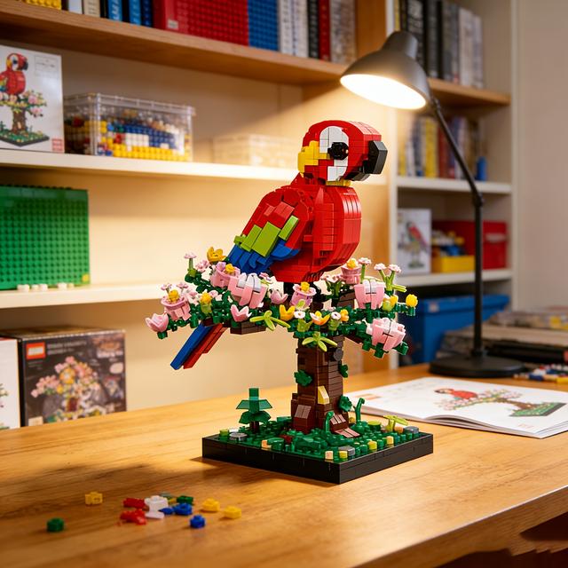 TEMU Klocki Model Papugi Ara, Trójwymiarowa Układanka, Edukacyjna Relaksująca Kreatywna Zabawa, Dekoracja Biurkowa, Prezent dla Miłośników Konstrukcji