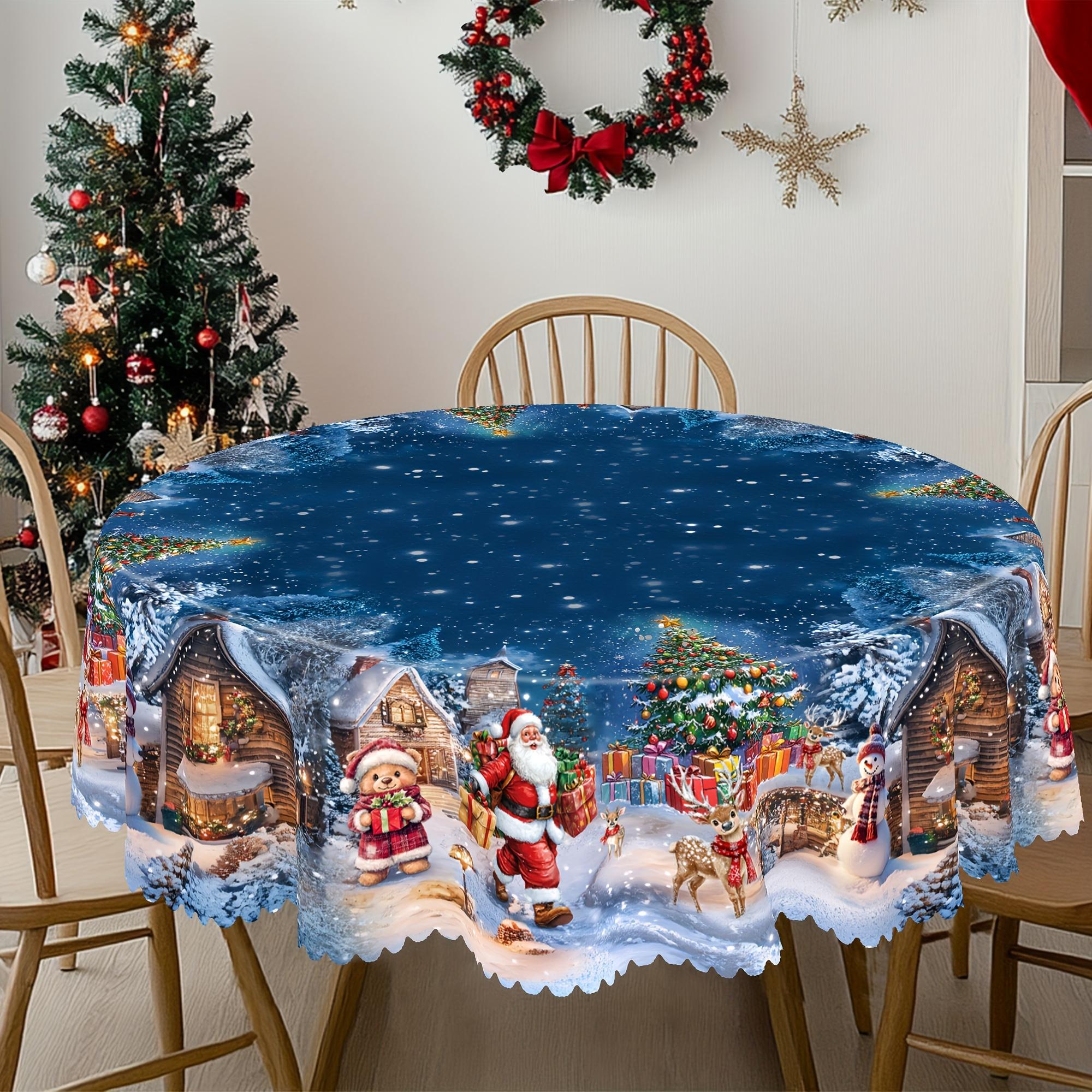 TEMU 1pc Christmas Tablecloth | Sky With Santa Claus, Snowman, Christmas Tree, Deer, Bear | Polyester, Machine Made, Perfect For Christmas Dining And Gifting, Suitable For Indoor And Outdoor Use