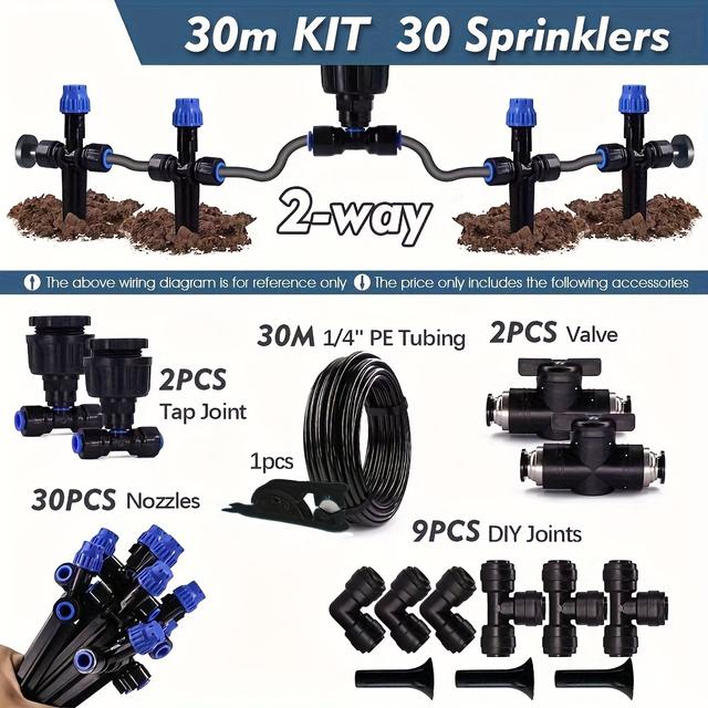 TEMU 5M - 30M 1/4" Kerti Öntözőrendszer 8-lyukú Csepegtetőkkel, 180°-ban Állítható Szórófejekkel és Gyors Nyomásra Záródó Kültéri Csepegtetőkkel